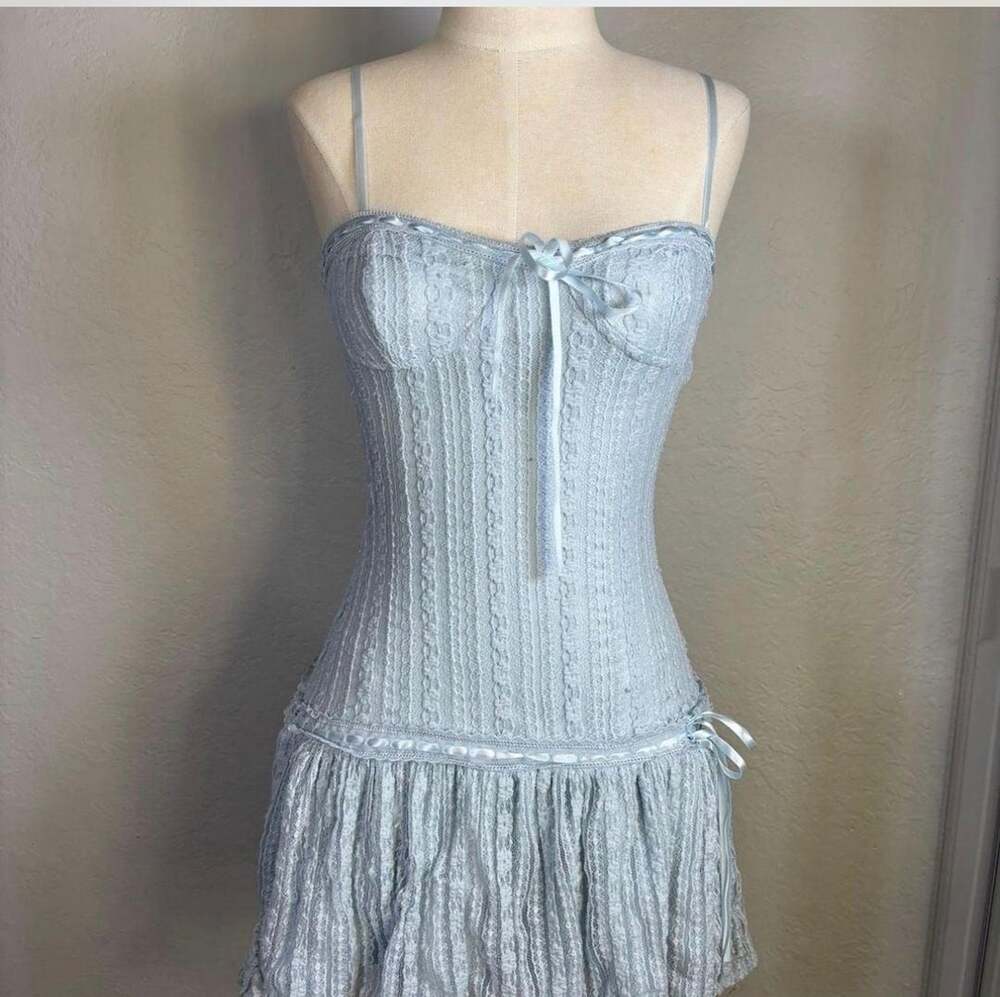 Light Blue Lace Corset Mini Dress with Bow Details